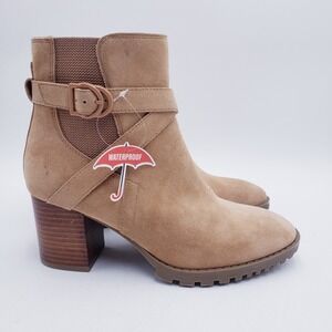 Blondo Tazmin Ankle Boots Tan Suede Waterproof Buckle Strap Block Heel Size 7.5